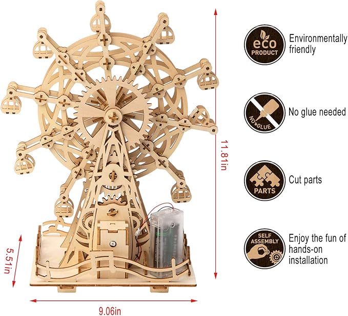 Solar 3D Wooden Puzzles for Adults Birthday Gifts Wood Ferris Wheel DIY Model Kit Puzzle Building Toys for Adult Age 14+ Years Old