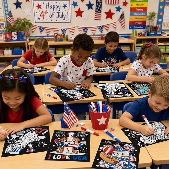 Cinrobiye 48 Pcs 4th of July Crafts, Patriotic Velvet Coloring Posters Bulk, Red White and Blue Craft Kit, Independence Day Coloring Activities for Kids, Seniors, Classroom, Party and Group Events