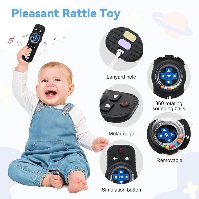 MISSLILI Teething Toy for Babies 3-6-12 Months, Silicone Baby Rattles Teether, Teething Relief Infant Toddles TV Remote Control Teether for 0-24 Months, Black