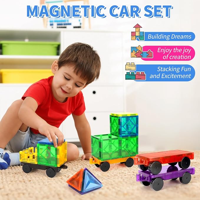 Mruikeny Magnetic Tiles Cars Construction Set - 4 PCS Magnetic Tiles Magnet Bricks Truck Sensory Toys, Educational Magnet Cars Set Building Blocks for 3 4 5 6 7 8+ Year Old Girls Boys