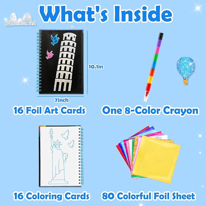 FUNNYB&G Foil Art Craft Kit for Kids 4-10 Years Old: Mess-Free & No-Glue, Create 16 Sparkly Famous Building Pictures – Perfect Travel Toy & Birthday Gift for Kids (Buildings)