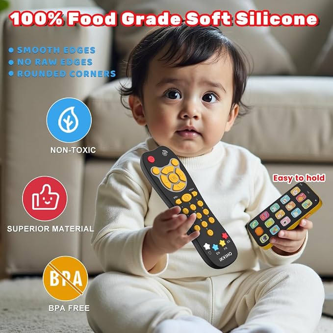 Baby Phone TV Remote Toy Set, Bilingual Play Phones Toy Remote for Baby with Music Light for 6+ Months, Early Learning Baby Toys Gift for 1 Year Old Boys Girls Toddler Infant, English/Spanish, Orange