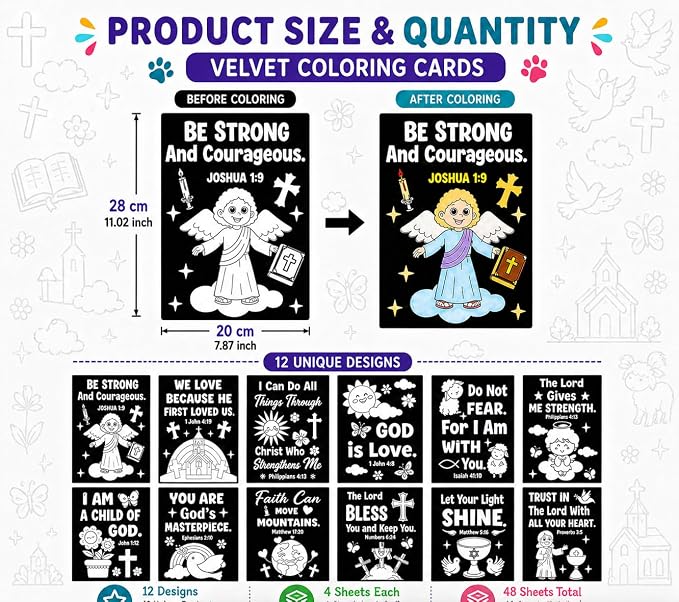 Cinrobiye 48 Pcs Velvet Coloring Posters Bible Fuzzy Posters to Color Bulk Felt Religious Inspirational Coloring Page Craft for Christian Party Favors Gift Prizes Sunday School Church Activities