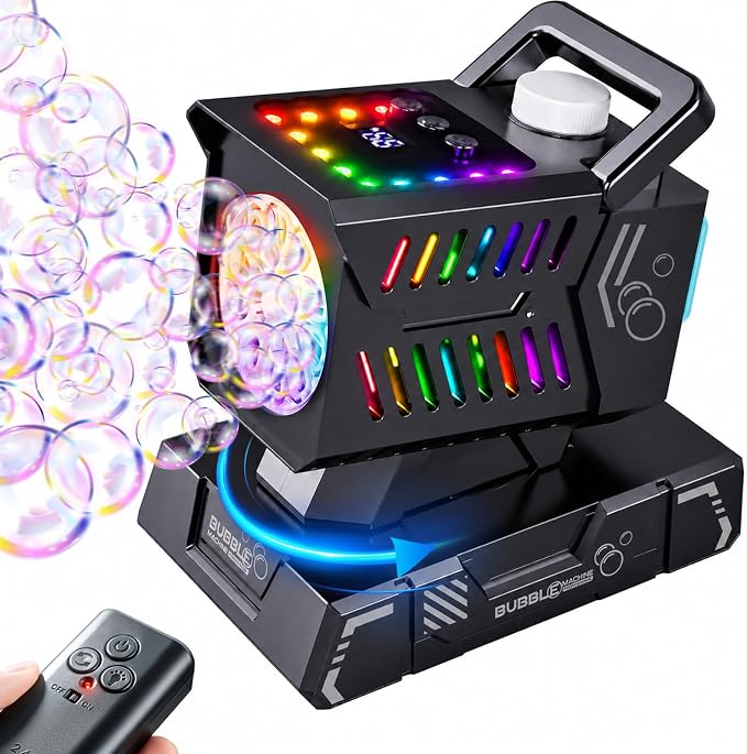 SHCKE Bubble Machine with Remote Control, Auto Rotation & 11 RGB Lights | 1800mAh Rechargeable Battery/USB-C,Top-Fill Portable Bubble Maker for Kids,Outdoor,Birthday Parties,Wedding,Camping,Pool
