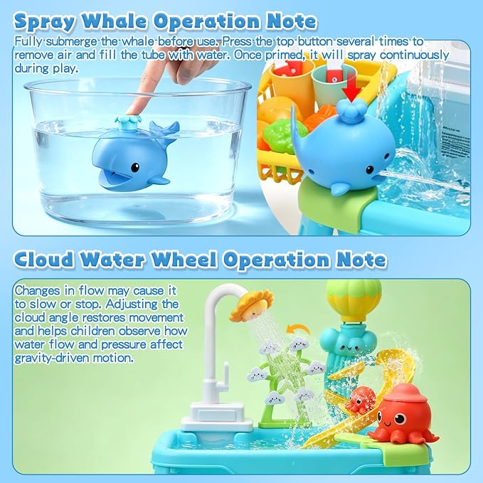CUTE STONE Toddler Water Table for Kids, Kitchen Sink Toy with Running Water & Fishing Game,Water Play Table for Backyard Beach Pool, Summer Gifts for Boys Girls-Octopus