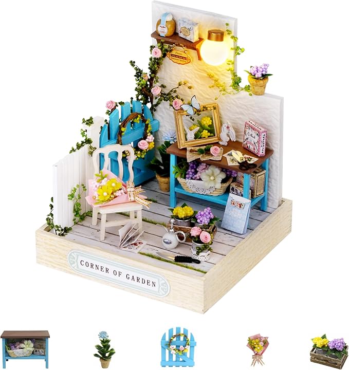 Kisoy Dollhouse Miniature with Furniture Kit, DIY 3D Wooden DIY House Kit with Dust Cover,Handmade Tiny House Toys for Teens Adults Gift(Corner of Garden)