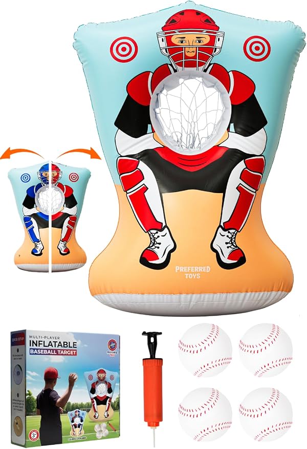 Preferred Toys Inflatable Baseball Pitching Target for Kids 3 and Above - Double-Sided Throwing Toss Game with 4 Soft Balls - Indoor Outdoor Baseball Toys Training Equipment - Red/Blue