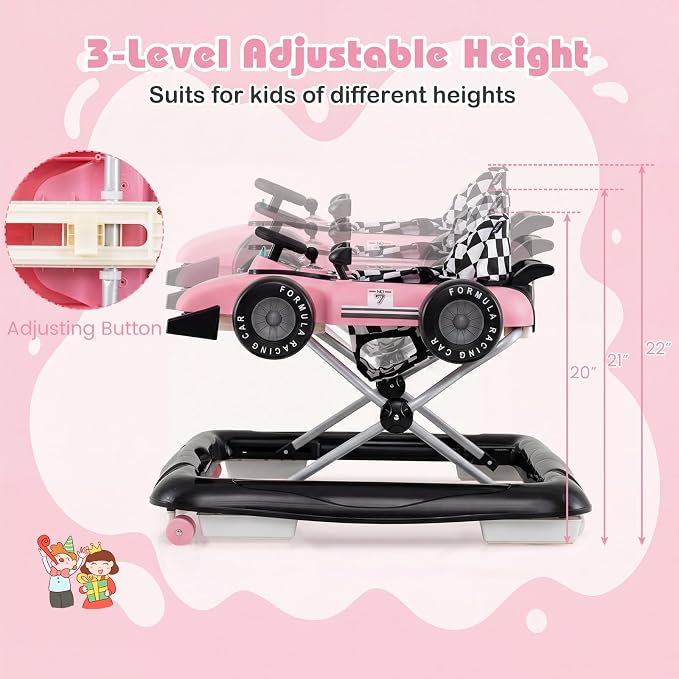 BABY JOY 4-in-1 Baby Walker, Foldable Activity Walker with Push Mode, Adjustable Height, Lights, Anti-Rollover, Baby Walker with Wheels for Boys Girls 6-18 Months (Pink)