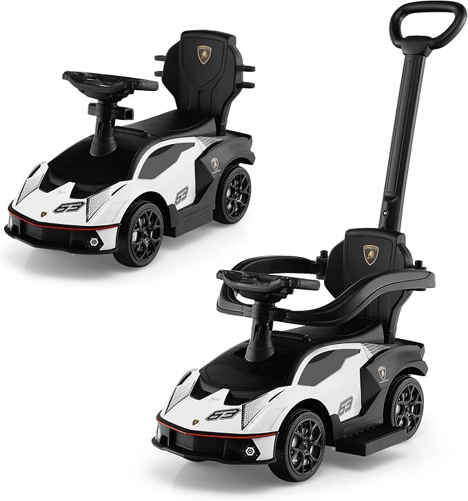 Costzon Push Cars for Toddlers, 3 in 1 Licensed Lamborghini Stroller Sliding Walking Car w/Handle, Armrest Guardrail, Underneath Storage, Horn, Foot-to-Floor Ride On Toy for Boys Girls (White)