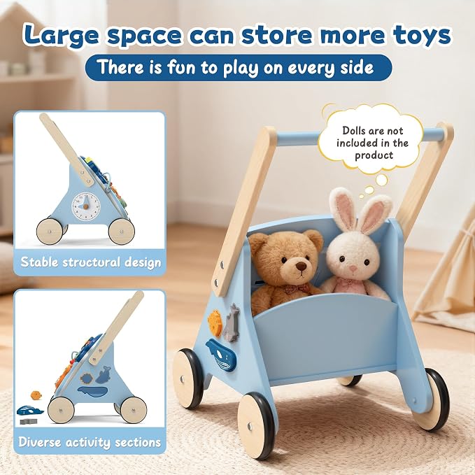 2 in 1 Wooden Baby Walker and Activity Center for Girls Boys Sit-to-Stand Learning Toy Kids Montessori Educational Push Toys with Music Detachable Busy Keyboard for Toddlers Blue
