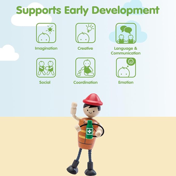 PlanToys® Wooden Rescue Doll | Poseable 1:12 Scale Character Figure for Dollhouse Play, Emergency Scenarios & Social Interaction | Eco Friendly Montessori Pretend Play Figure