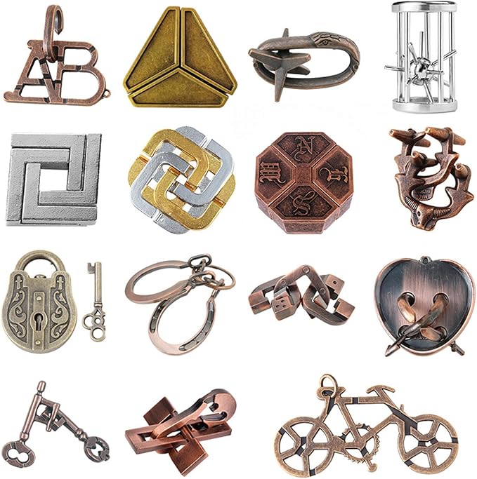 Joyeee 15 Pcs Brain Teaser Metal Wire Puzzles, Mind IQ Test Unlock Toy, Interlock Challenge Puzzle Game Educational Toy Gift for Boys Girls Teens Adults, #A