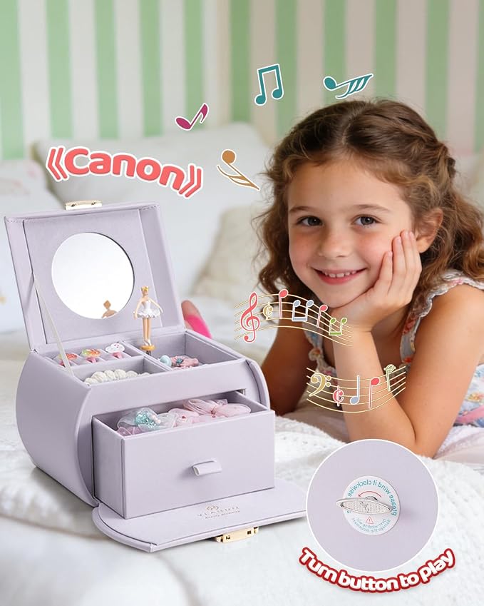 VLANDO Kids Musical Jewelry Box for Girls with Drawer, Music Box with Ballerina and Stickers for Birthday Bedroom Decor, Valentines Day Gifts for Daughter Girls Kids - Light Purple