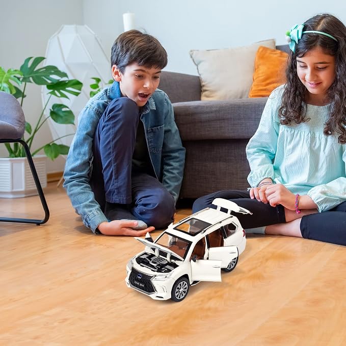 Diecast car Model 1/24 Scale - Zinc Alloy Pull Back Toy car with Sound and Light, Collectible Toys Vehicle for Adults and Boys Girls (White)