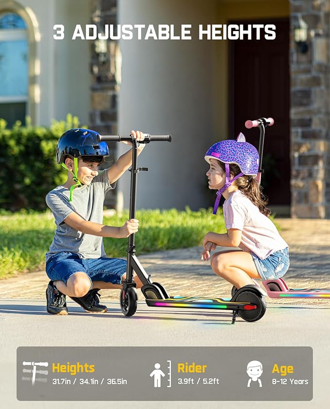 FanttikRide C9 Pro Kids Electric Scooter Ages 8-12, Colorful Rainbow Lights, E-Scooter for Kids 3.9-5.2 ft, 132 lbs, 5 Miles Range, Up to 40 min Ride Time, 5/8/10 MPH, 3 Adjustable Heights