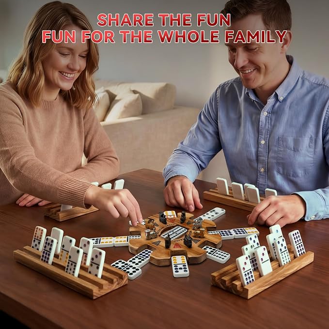 Mexican Train Dominoes Set with 8 Charcoal-burned Wooden Holders & Hub, Double 12 Dominos Set Colored Dot 91 Tiles in Vintage Wooden Case, Travel Dominos Set Metal Trains for Adults Family Game