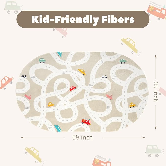 STARUIA Small Kids Rug for Kids Room, 3'x5' Washable Road Rug for Baby Nursery, Non-Slip Car Rugs for Playroom, Tan Traffic Play Mat Soft Fun Rugs for Boys Girls Dorm Toy Room Tent