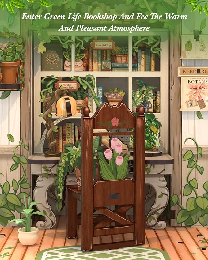 Cutefun Book Nook Kit - DIY Miniature Dollhouse Booknook Kit for Adults and Teens, 3D Wooden Puzzle Bookshelf Insert Decor with LED Light, Gifts for Book Lovers and Beginners (Green Life Bookshop)