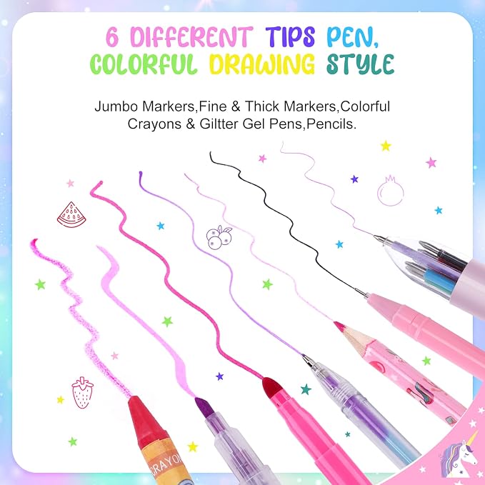 MAIGOZON Unicorn Art Supplies for Girls Ages 4-8 - 56 PCS Coloring Kit with Scented Markers, Gel Pens & Glitter Pencil Case, Kids Drawing Set Birthday Holiday Gifts for Girls 6 7 8