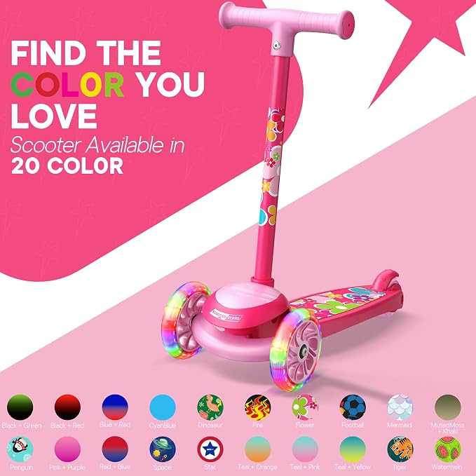 3 Wheel Scooter for Kids, Smooth Light Up LED Front Wheels, Wide Anti Slip Deck, Rear Foot Brake, Easy Lean to Steer Maneuvering, Indoor & Outdoor Ride On Toys for Ages 2 Up,