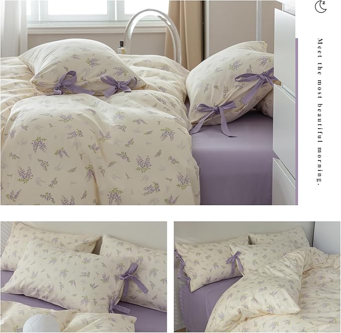 Floral Comforter King Size Fluffy Floral Comforter Set for Girls Women Purple Flower Leaves Bedding Comforter Set 1 Flower Lilac Comforter with 2 Bow Ties Pillowcases All Season King Comforter Set