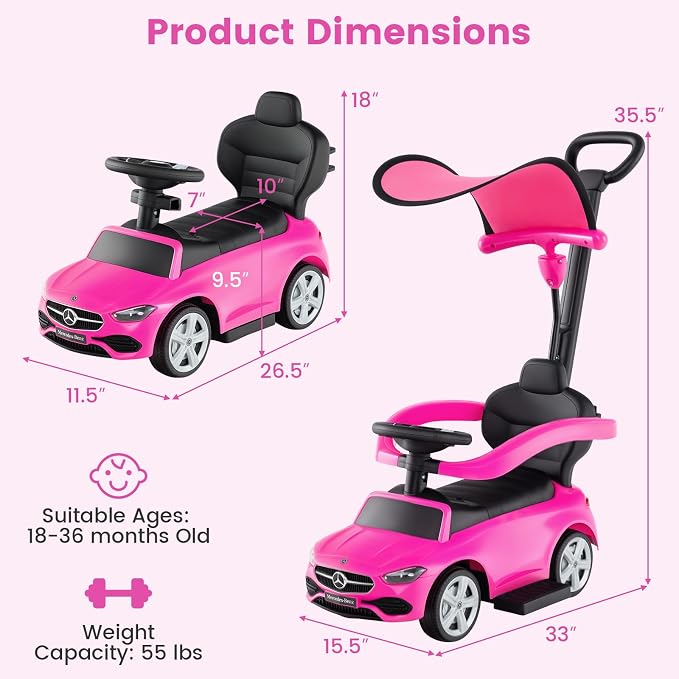 OLAKIDS Push Car for Toddlers, 3 in 1 Licensed Mercedes Benz Baby Sliding Walking with Parent Control Handle Adjustable Canopy Guardrail Under Seat Storage, Kids Ride on Toys with Horn (Pink)