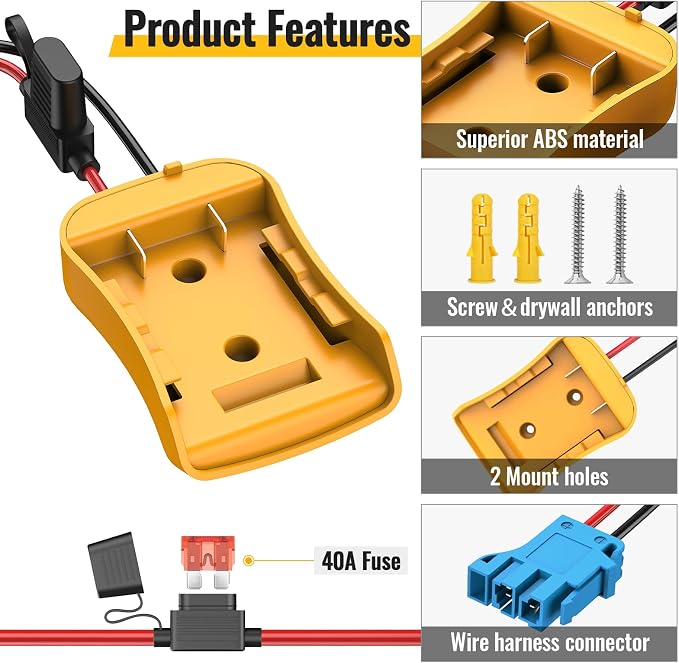 Kzreect Battery Adapter Compatible with Dewalt 20V Battery Conversion Kit with Fuse Holder and Wire Harness Connector Compatible with with Peg-Perego Kids Ride-on Toy