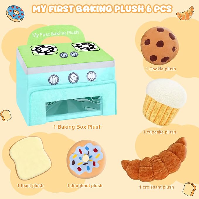 My First Baking Plush, Baby Baking Toy Set with 5 Pcs Dessert Plushies for Toddlers, First Birthday Gifts for Boys Girls