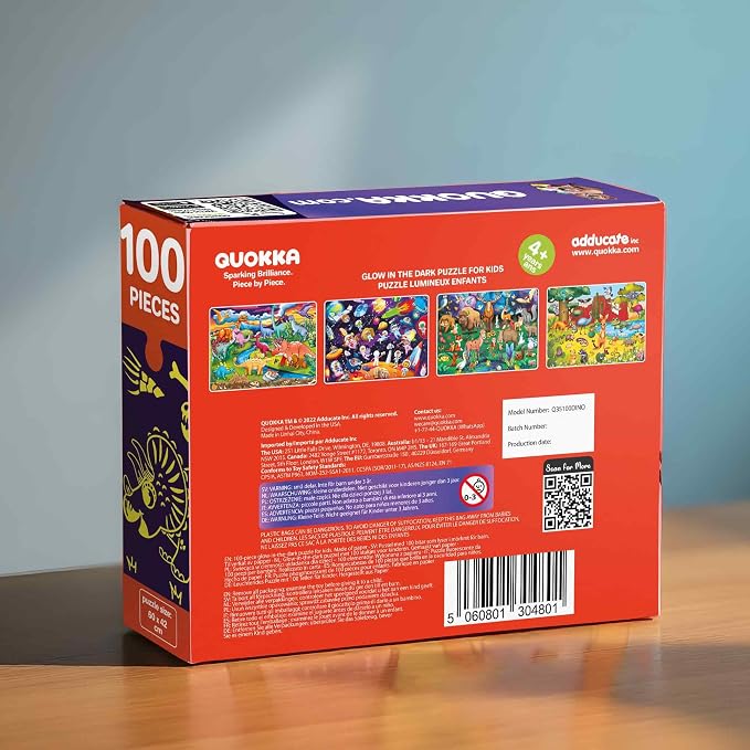 QUOKKA 100 Piece Puzzles for Kids Ages 6-8 – 4 Jigsaw Puzzles for Kids Ages 8-10 – Glow in the Dark Space Dinosaur Animals – Fun Game for 10-12 Boys and Girls – Learning Games Gift for Childrens