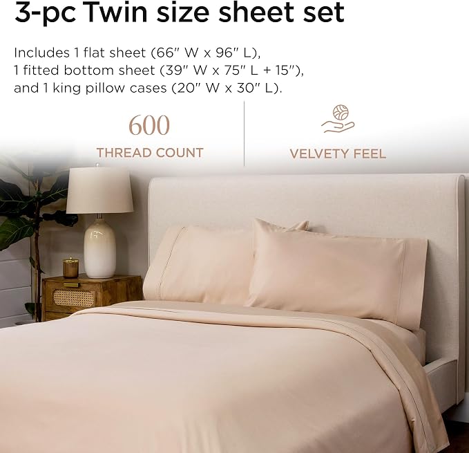 Threadmill 100% Cotton Sheets for Twin Size Bed - 600 Thread Count Twin Bed Sheets Set with 15” Deep Pocket - Sateen Weave 3-Piece Bedding Set with Cooling Effect, Beige