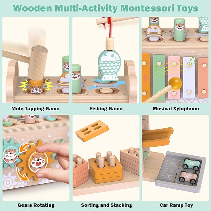 Weilim Montessori Toys for 1 Year Old, 3-in-1 Wooden Hammering & Ramp Toy | Shape Sorter, Stacking Blocks & Xylophone Build Fine Motor Skills; A Screen-Free First Birthday Gift, Boy or Girl