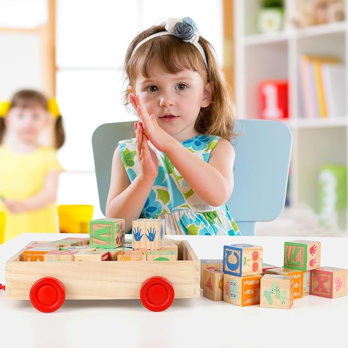 Wooden Building Blocks for Toddlers, Large Wood Baby Stacking Blocks Set for Kids, 30 PCS Alphabet Blocks with Toy Wagon, Educational Wooden Toys for Boys Girls Gifts 1.65"