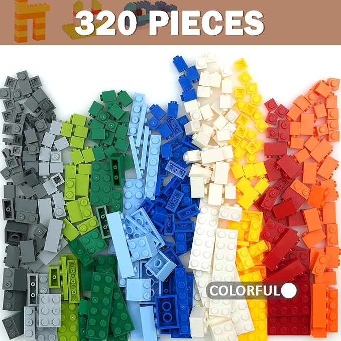 MALEKO 320 Pieces Bricks Parts Pack, Classic Creative Bulk Blocks Car Wheels and Axles Set, Compatible Starter Building Blocks in Random Color - Mixed Shape