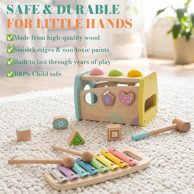 WOODENFUN Hammering Pounding Toys Wooden Educational Toy Xylophone Shape Sorter, Birthday Gift for 3 Years Boys Girls Baby Toddler Kids Developmental Montessori Learning Toy (Yellow)