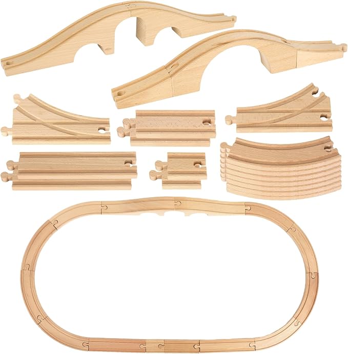 JarThenaAMCS 24Pcs Wood Train Track Expansion Set Wooden Track Connectors Adapters and Bridges Straight Wooden Train Tracks Accessories for Most Major Toy Railway