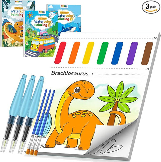 TECJOE 3 Pack Paint with Water Coloring Books for Toddlers, Mess Free Watercolor Painting Set with 6 Brushes, Travel Art Craft Activities Toys Birthday Gifts for Kids Ages 3-8, Traffic, Sea & Dinosaur