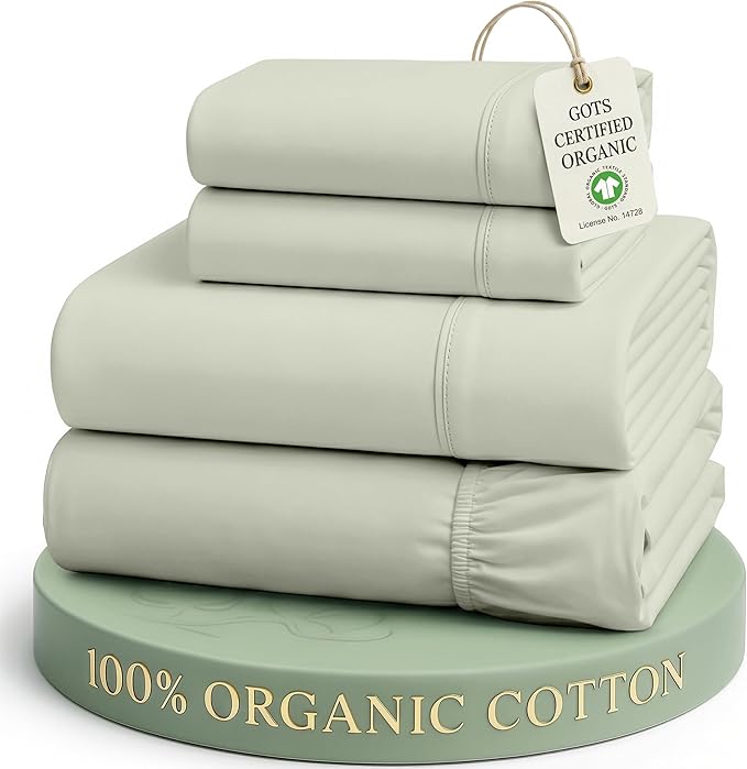 LANE LINEN 100% Organic Cotton Eco Friendly Full Size Sheet & Pillowcase Sets, Fully Elasticized Soft & Comfy Percale Bedding, Naturally Temperature Regulating Cotton Sheets Full- Mineral