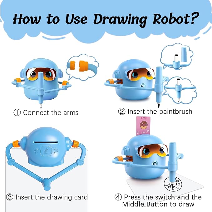 Drawing Robot for Kids with Voice Read & Music Educational Drawing Machine, Montessori Painting Learning Toy for Age 3-12, 4 Paintbrushes/100 Cards/12 Colorful Pens, Gift for Boys & Girls