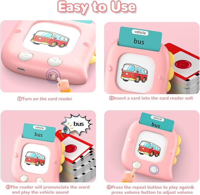 Kidzdo Talking Flash Cards for Toddlers 1 2 3 4 5 6 Years Old, 254 Words Pocket Speech Language Learning Toys, Great Christmas Birthday Gift Ideas for Girls Ages 1-6, Pink