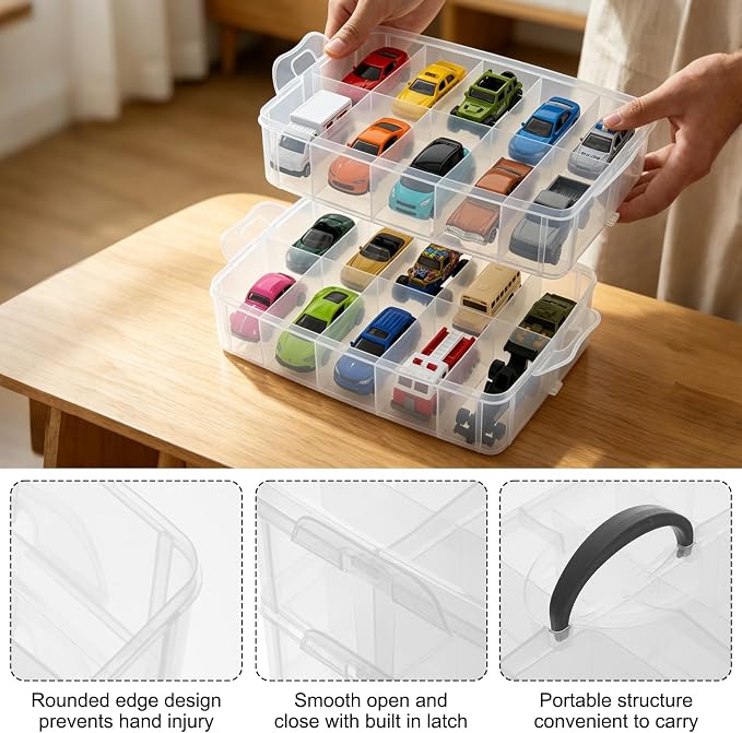 3-Tier 1/64 Scale Toy Car Storage Case with Carrying Handle Portable Transparent Storage Case Compatible with Matchbox Car Hot Wheels 30 Transparent Compartments Organizer for 30 Toy Cars