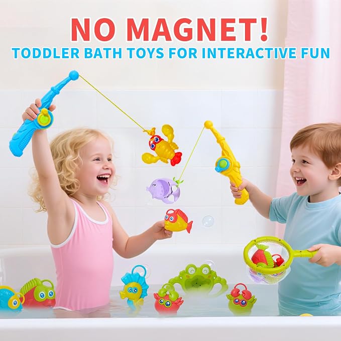 Toddler Bath Toys for Kids Ages 1-3, Mold Free Bathtub Pool Water Table Toys with Pole Rod Net & Plastic Floating Fishes, Outdoor Water Toys for Kids Toddlers Birthday Gifts Aged 2-4 3-5 4-8