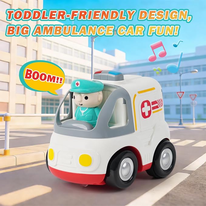 Remote Control Car for Kids - Cartoon RC Ambulance Toy for Toddlers 18+ Months, Ages 2 3 4 5 Years Old, Birthday Gifts for Boys with Lights & Sounds & Music