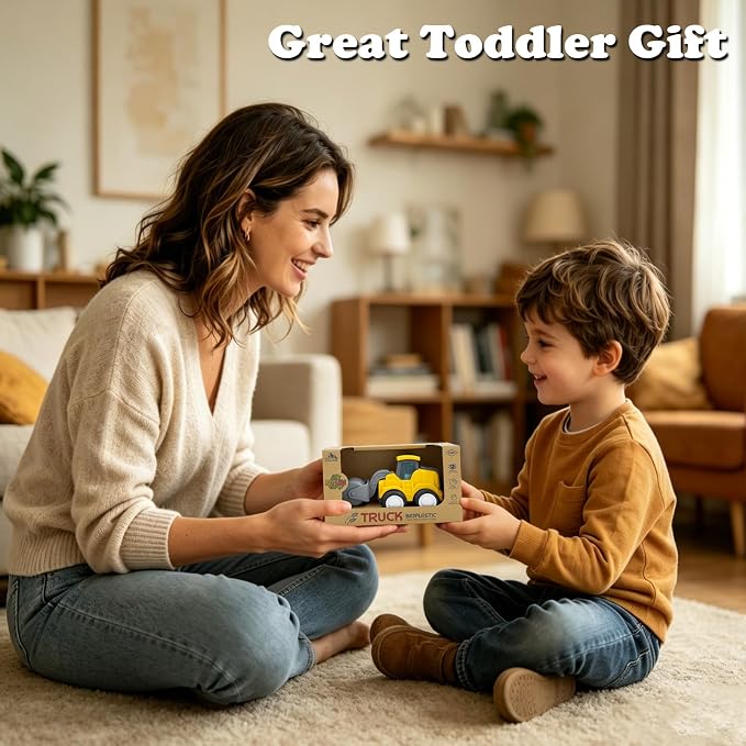 Construction Toys for Toddlers 1-3 Years Old, Press and Go Road Roller Truck Sand Toys with Movable Arm, Safe Wheat Straw Material, Birthday for Boys and Girls