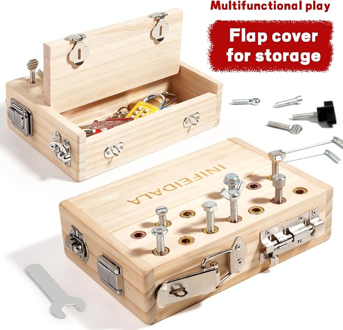 INIFEIDALA Montessori Busy Board for Toddlers 3-5,Wooden Sensory Toy with Locks,Latches & Screwdriver Set, Fine Motor Skills Learning Toy for Travel,Quiet Play & Preschool Activities