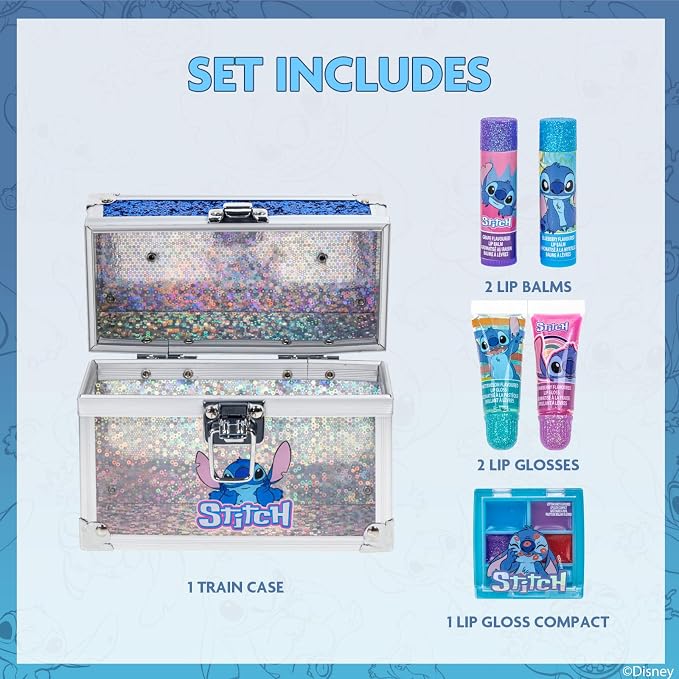 Disney Stitch Beauty Mini Train Case Set Includes Lip Gloss Tube, Lip Balm, Lip Gloss Compact for Girls Parties, Sleepovers by Townley Girl