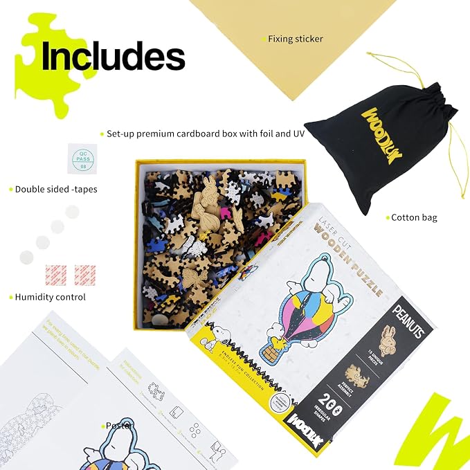 Peanuts Puzzles for Adults – Wooden Puzzles Gifts for Snoopy Lovers, 200 Pieces Unique Shaped Woodstock Jigsaw Puzzles, 5MM Thick, Officially Licensed Merchandise – Balloon Ride, 8.9" x 15.7"