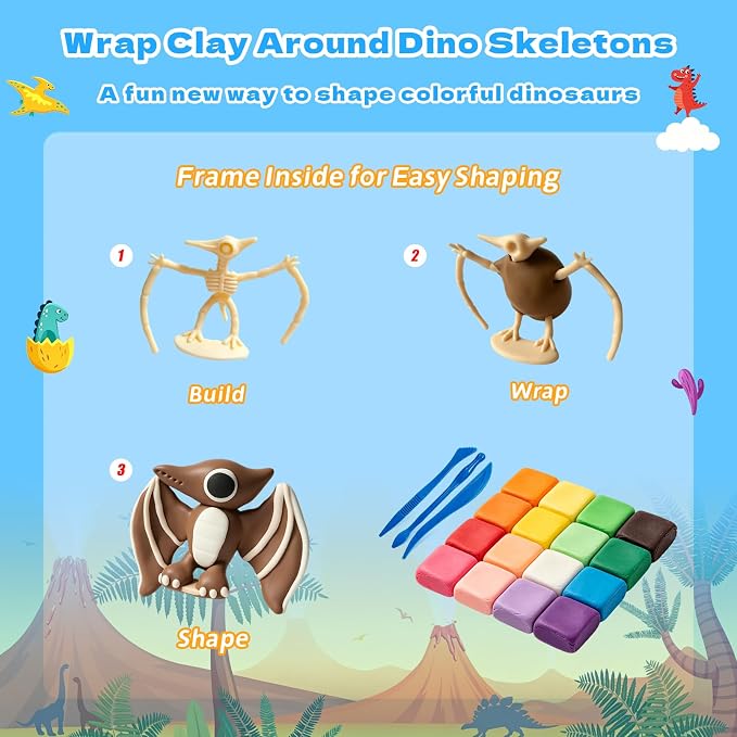 Air Dry Clay Dinosaur Kit for Kids, 12 Dino Skeleton Craft Set | 12 individual boxes, colorful materials, 3 sculpting tools, step-by-step guide, STEM party favors and birthday activity