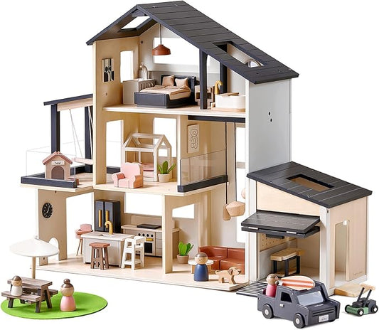 Tiny Land Modern Family Dollhouse & Wooden Dollhouse Garage Toy Set