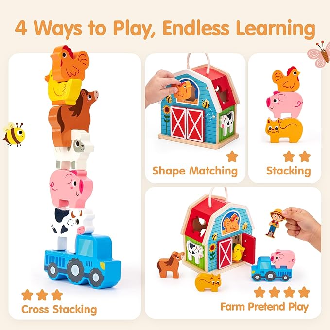 hahaland Wooden Montessori Toys for 1 Year Old, Farm Animals Barn for Toddlers 1-3 Shape Sorter Stacking Learning Toy for 1 2 3 Year Old Boys Girls Educational Toy Christmas Birthday Gift