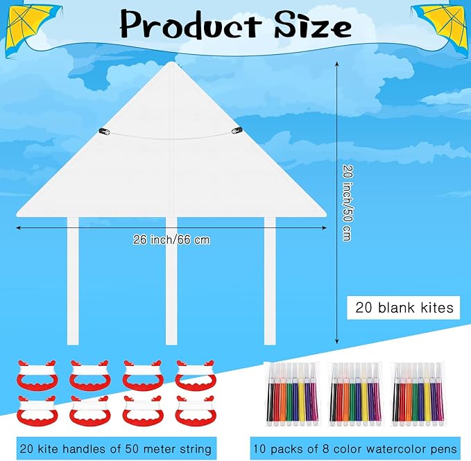 Honoson 20 Pieces DIY Blank Kite with Watercolor Pens and String 20 Inch Making Craft Kits Decorating Coloring Kite Pack for Outdoor and Activities